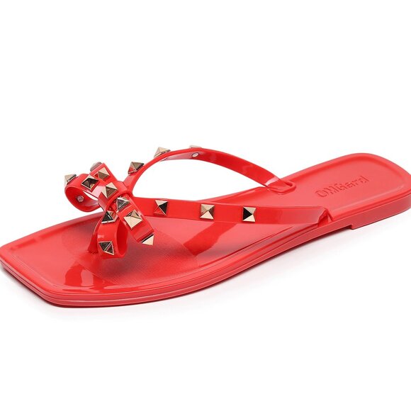 Womens Size 9 Studded Bow Jelly Thong Slides Square Toe Sandals Rivets Red - Picture 2 of 10
